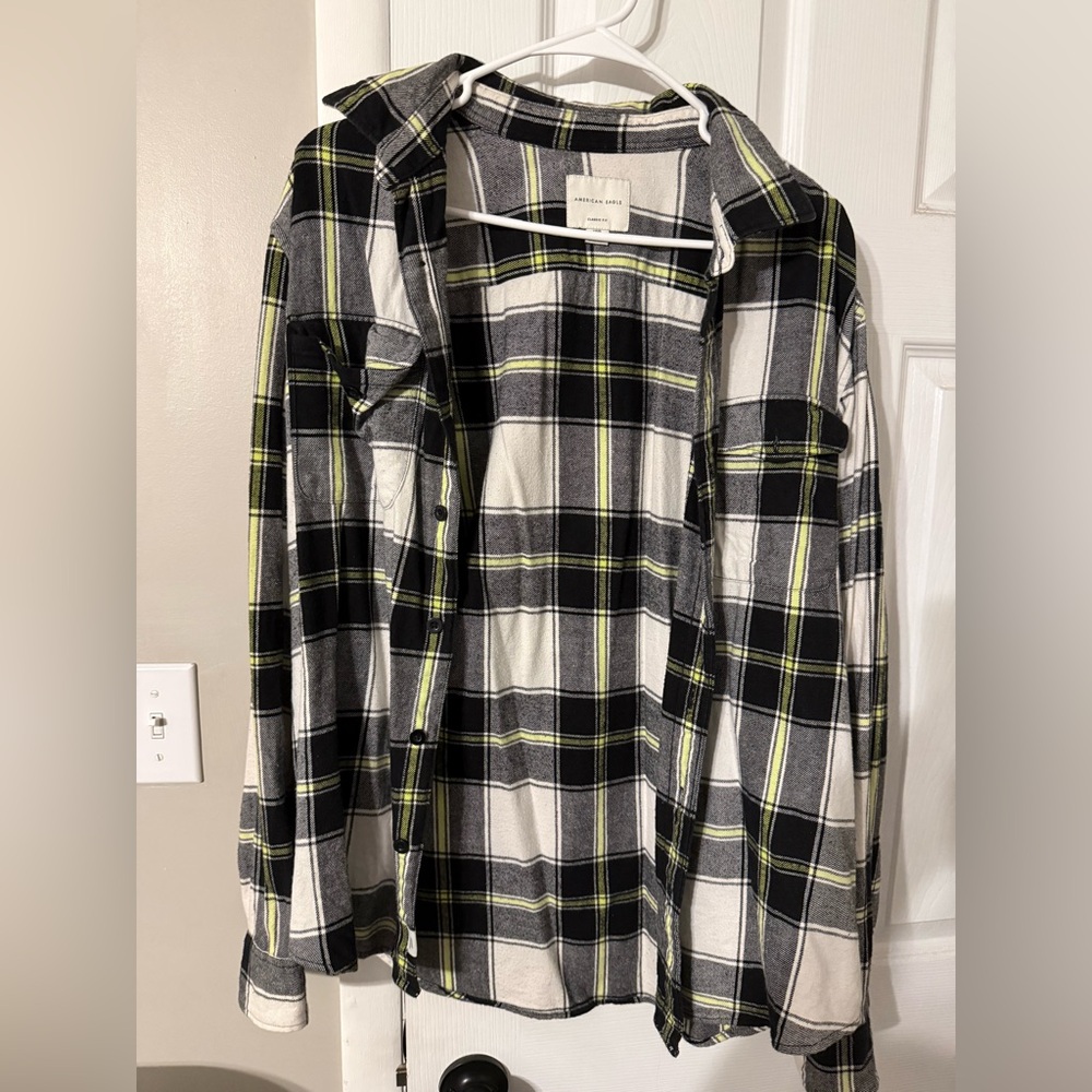 American Eagle Outfitters Black and White Checkered Shirt with Yellow Highlights